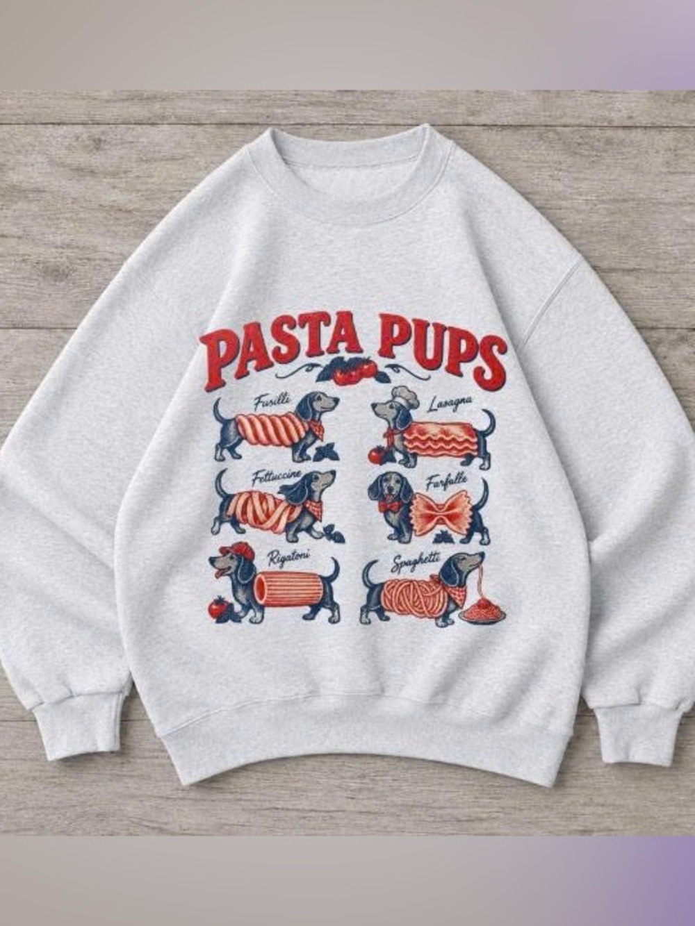 Gildan Pasta Pups Sweatshirt, Grey Dachshund Spaghetti Graphic